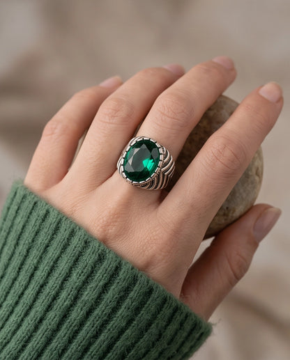 Emerald Gemstone Notched Bezel Chevron Ribbed Silver Ring