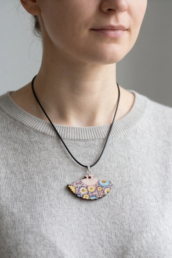 Vintage Blue & Yellow Floral Hand-Fan Pendant Necklace