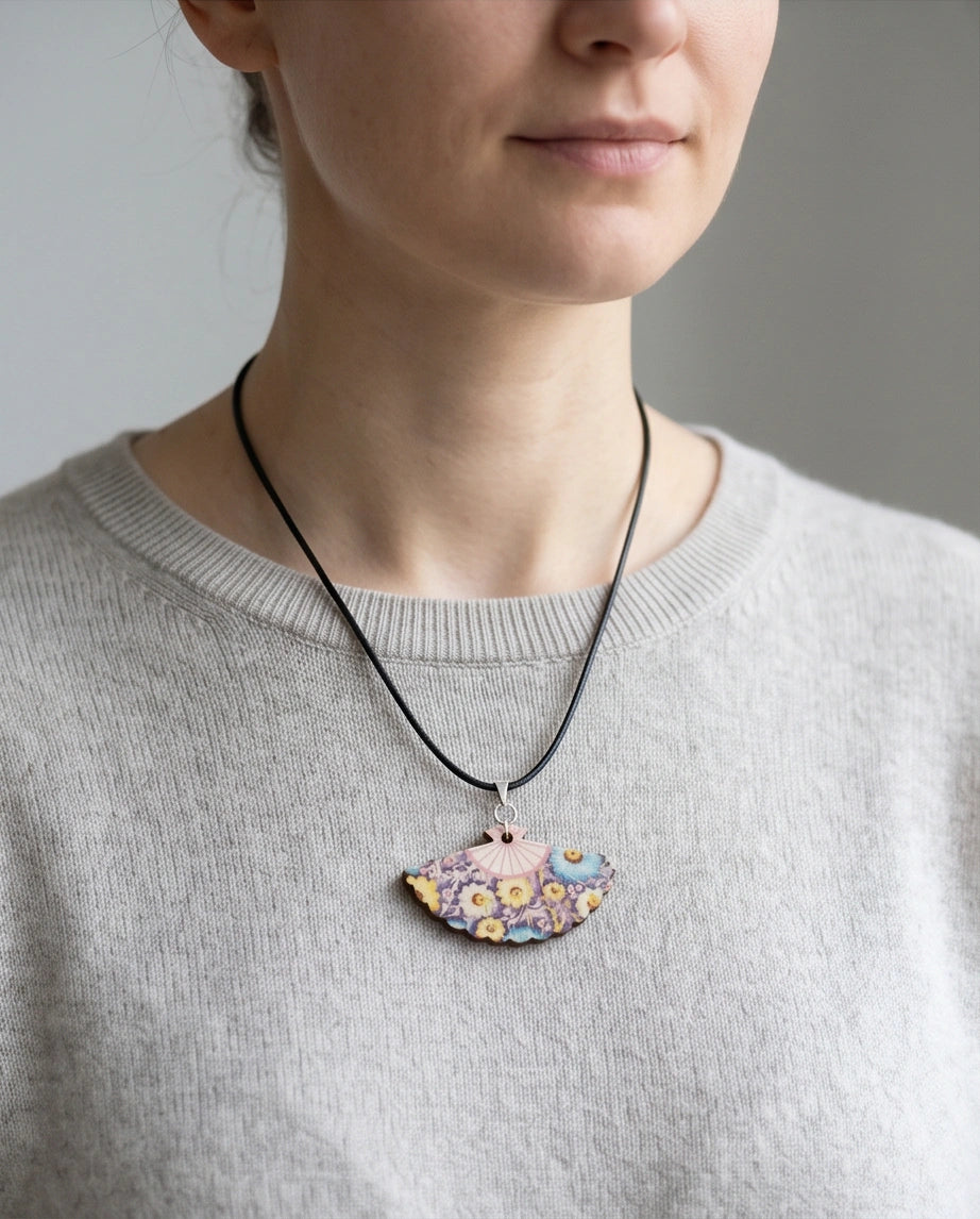 Vintage Blue & Yellow Floral Hand-Fan Pendant Necklace