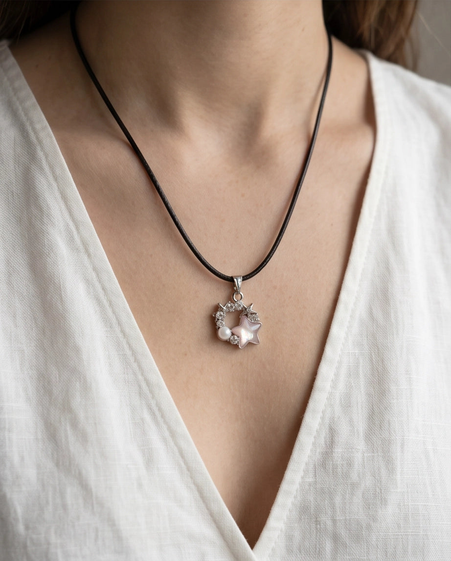 Celestial Pearl Star Wreath Cord Necklace
