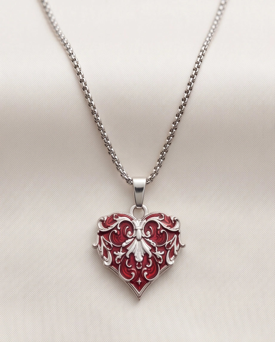 Silver Red Enamel Filigree Heart Pendant Necklace