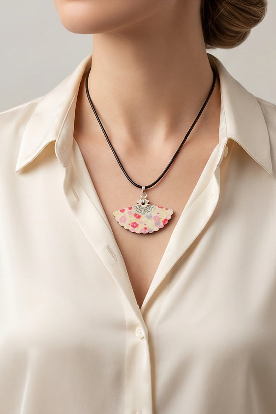 Vintage Pastel Pink Floral Hand-Fan Pendant Necklace