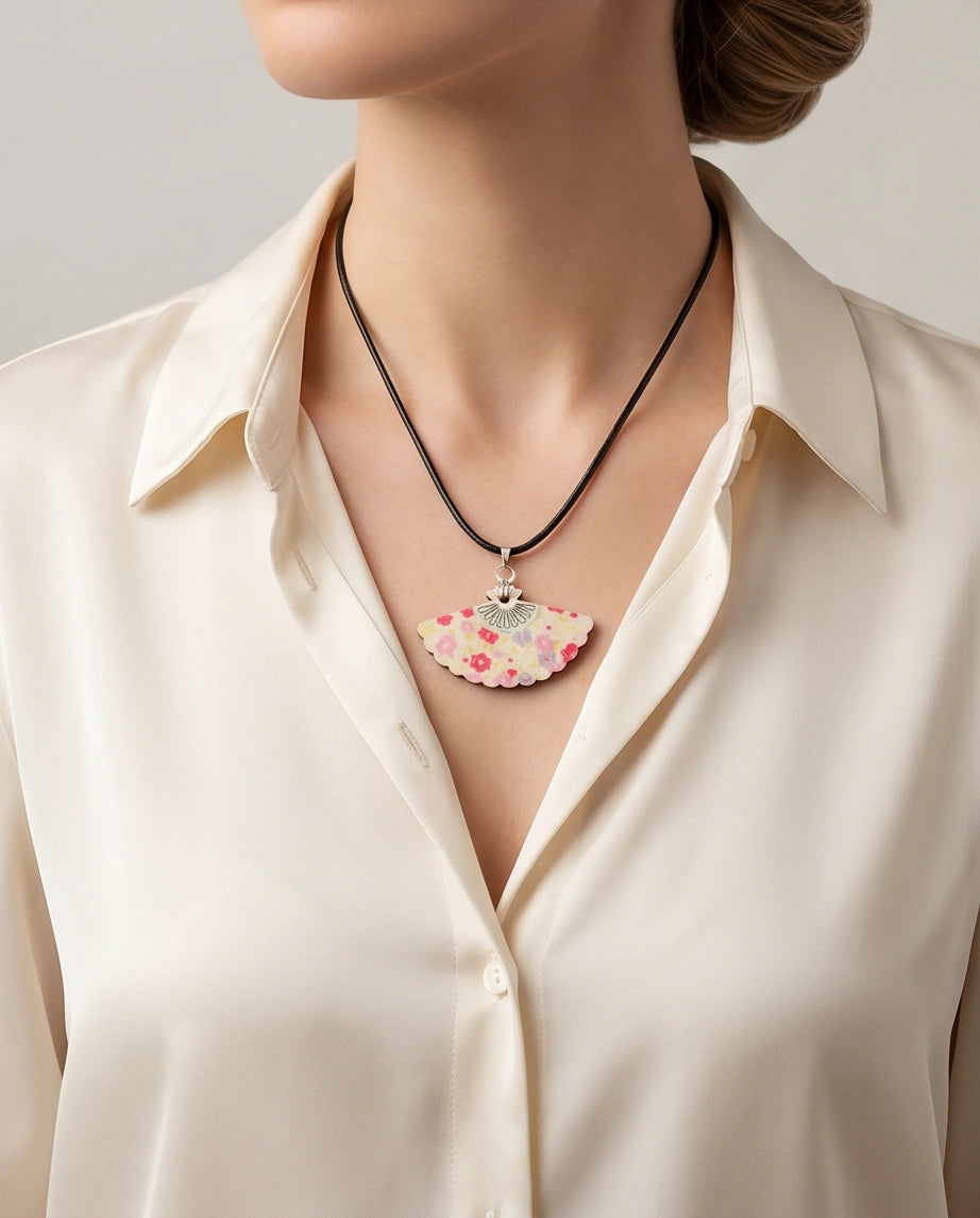 Vintage Pastel Pink Floral Hand-Fan Pendant Necklace