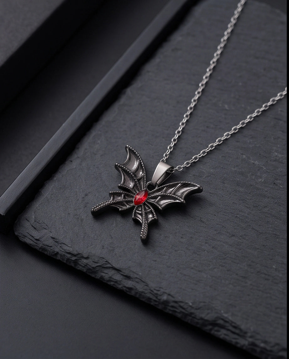 Black Bat-Wing Butterfly Red Gem Pendant Necklace