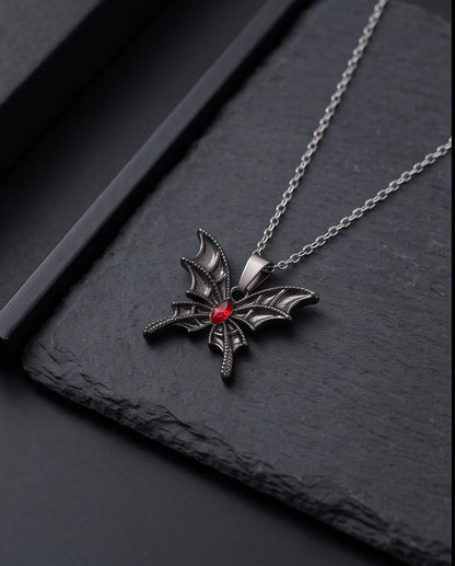 Black Bat-Wing Butterfly Red Gem Pendant Necklace