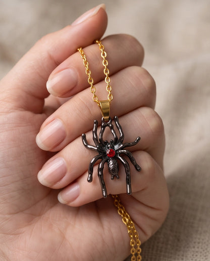 Black Spider Red Round Crystal Gem Pendant Necklace