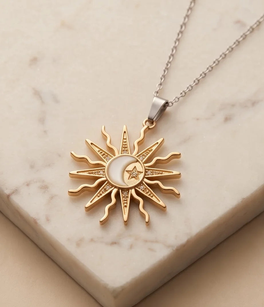 Gold Celestial Sun Moon Star Pendant Necklace