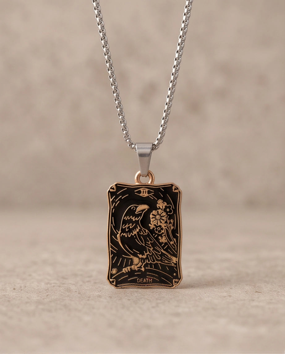Gold "Death" Raven Tarot Card Pendant Necklace