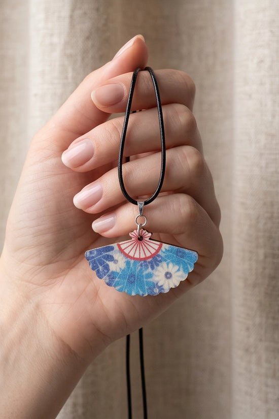 Vintage Ocean Blue Floral Hand-Fan Pendant Necklace