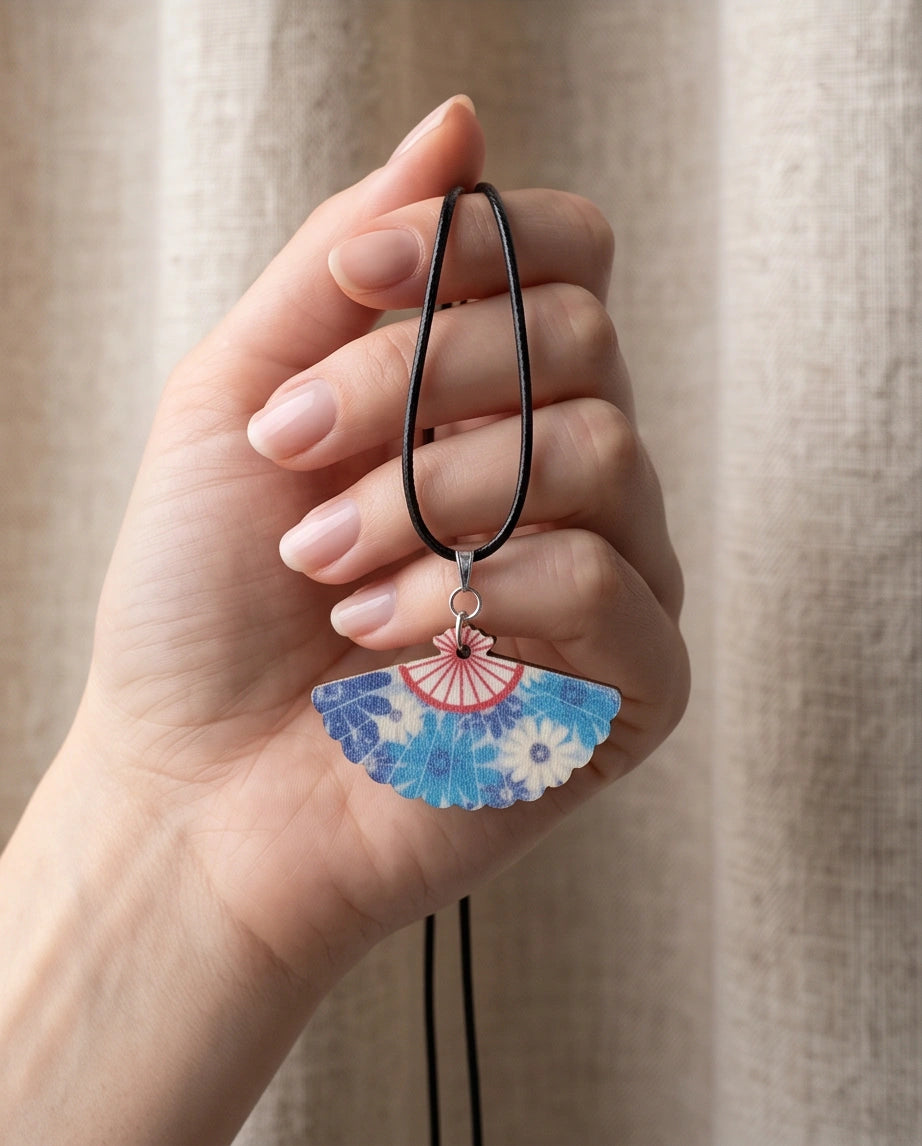 Vintage Ocean Blue Floral Hand-Fan Pendant Necklace