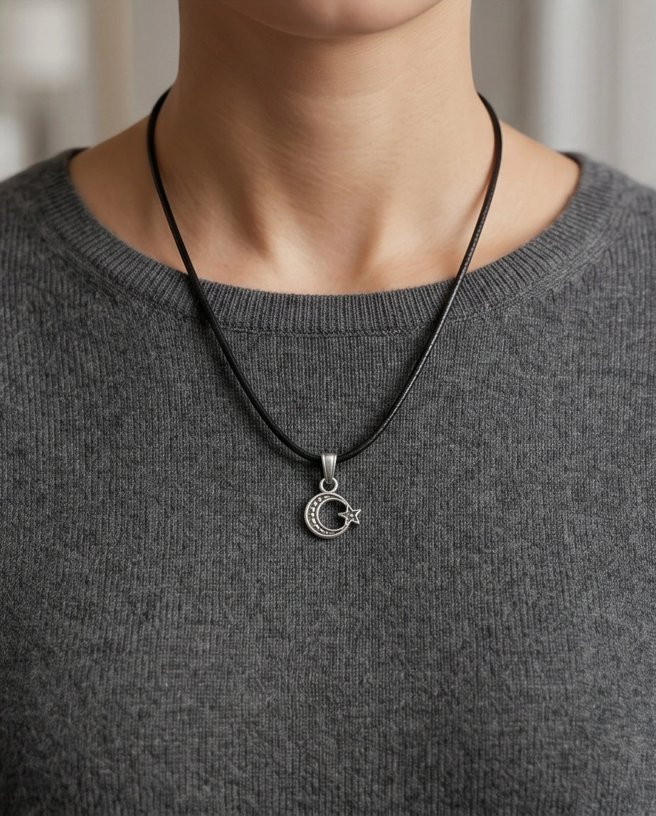 Silver Celestial Crescent Moon and Star Necklace