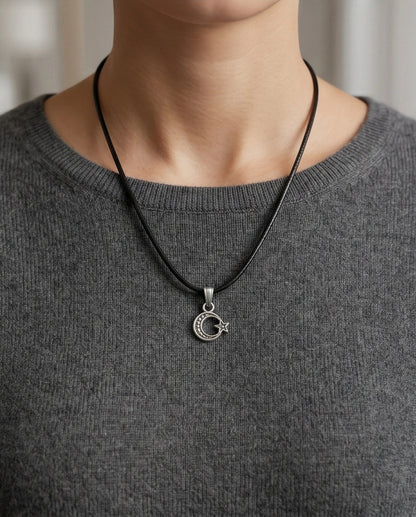 Silver Celestial Crescent Moon and Star Necklace