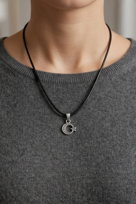 Silver Celestial Crescent Moon and Star Necklace