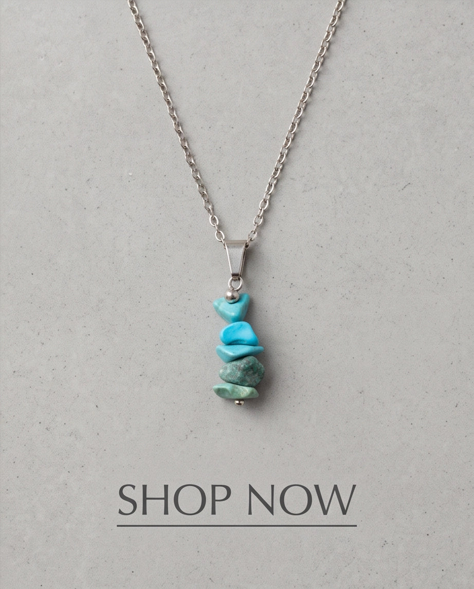 Silver Stacked Raw Turquoise Chip Stone Pendant Necklace