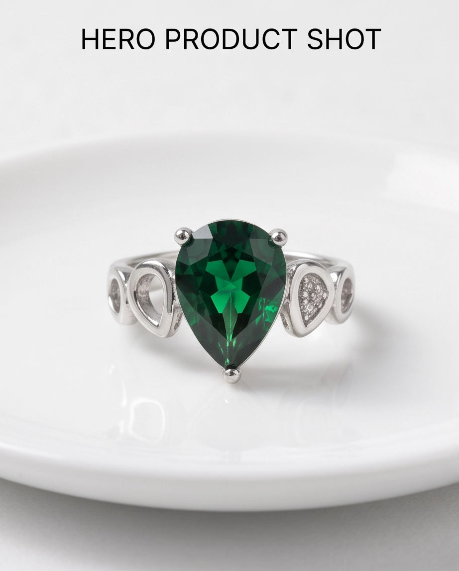 Emerald Gemstone Prong-Set Teardrop Loop Silver Ring