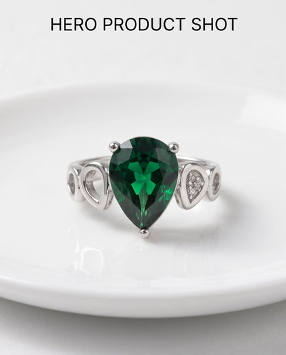 Emerald Gemstone Prong-Set Teardrop Loop Silver Ring