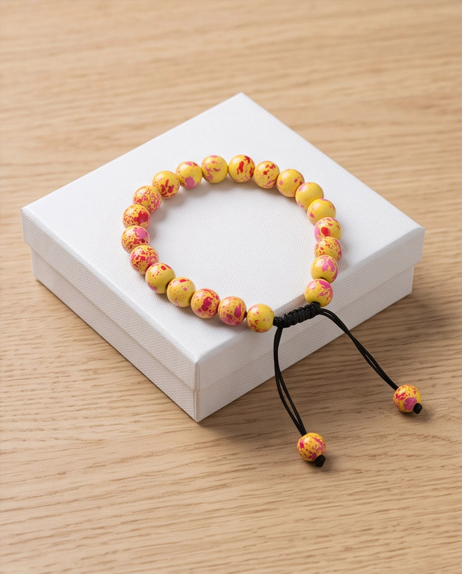 Yellow & Pink Splatter Paint Beaded Adjustable Macrame Bracelet