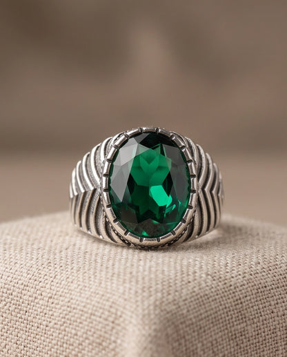 Emerald Gemstone Notched Bezel Chevron Ribbed Silver Ring