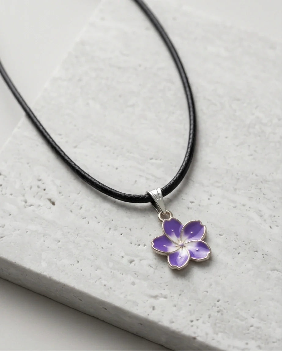 Elegant Purple and White Floral Enamel Pendant Necklace