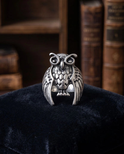 Oxidized Silver Sculpted Owl Statement Ring