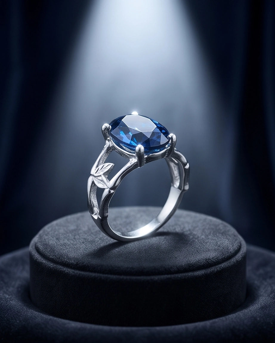 Silver Oval Sapphire Botanical Solitaire Ring
