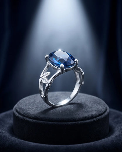 Silver Oval Sapphire Botanical Solitaire Ring