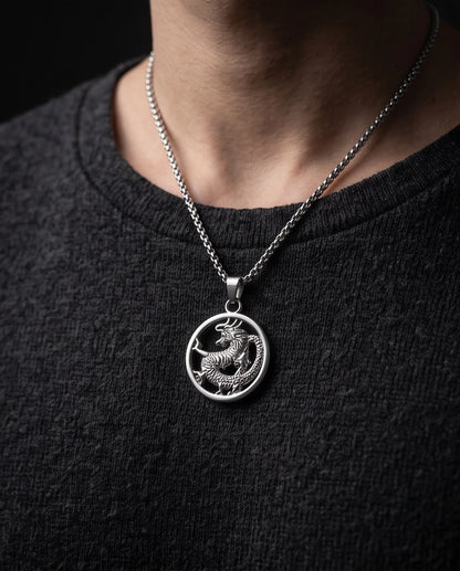 Silver Circular Dragon Medallion Pendant Necklace