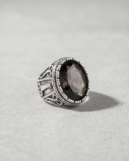 Smoky Quartz Oval-Cut Gemstone Beaded Bezel Silver Ring