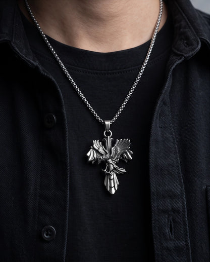 Silver Raven Gothic Cross Pendant Necklace
