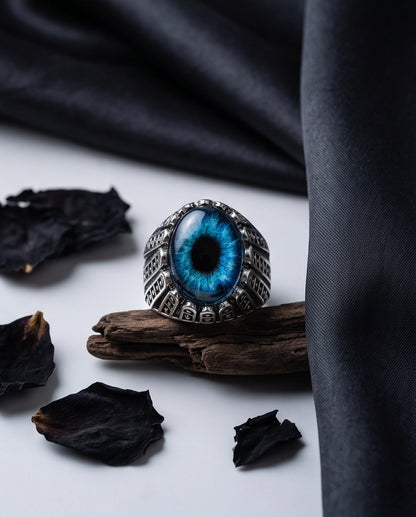 Cerulean Evil Eye Cabochon Architectural Bezel Silver Ring