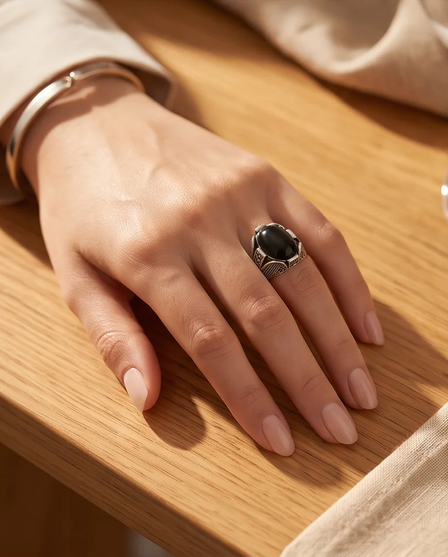 Obsidian Eclipse Stippled Signet Ring