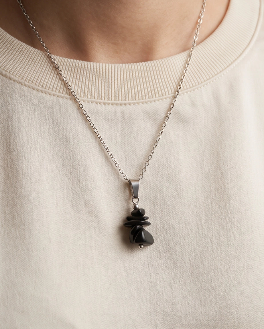Silver Stacked Raw Black Obsidian Chip Stone Pendant Necklace