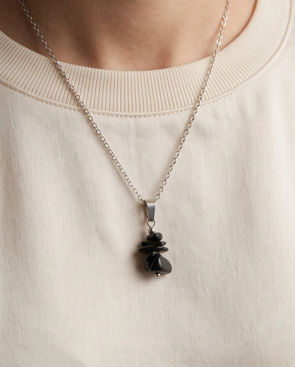 Silver Stacked Raw Black Obsidian Chip Stone Pendant Necklace