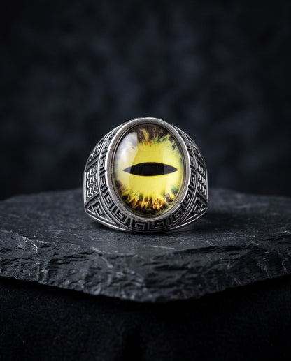 Golden-Yellow Slit-Pupil Dragon-Eye Greek Key Silver Ring