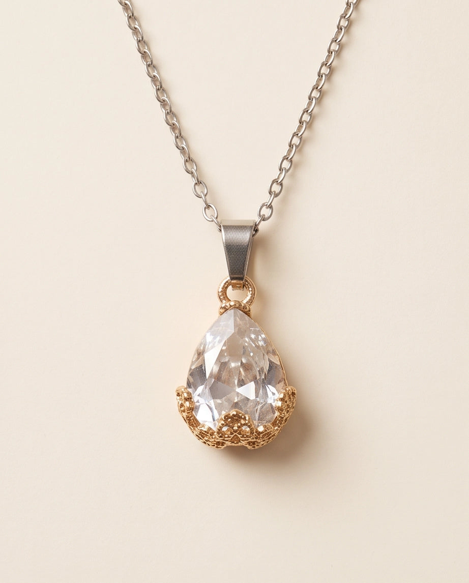 Gold Clear Teardrop Floral Basket Pendant Necklace