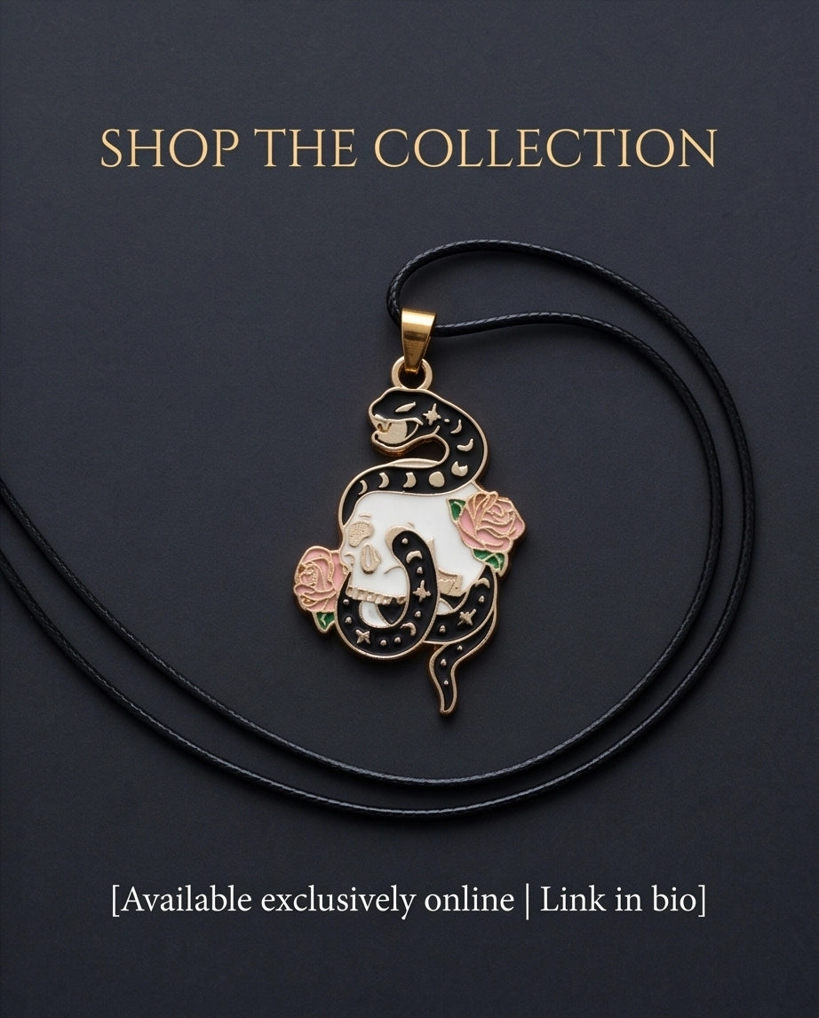 Gold Snake, Skull & Rose Enamel Pendant Necklace