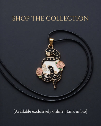Gold Snake, Skull & Rose Enamel Pendant Necklace