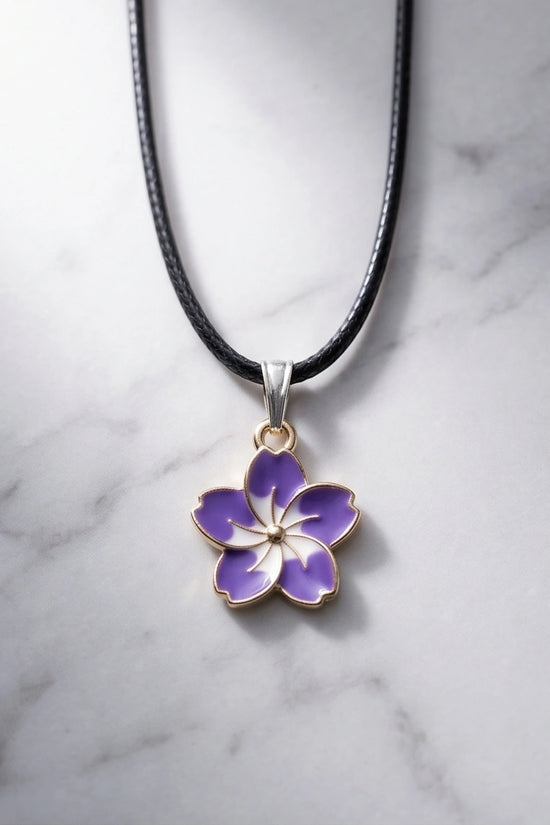 Elegant Purple and White Floral Enamel Pendant Necklace