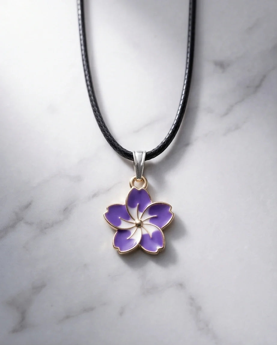 Elegant Purple and White Floral Enamel Pendant Necklace