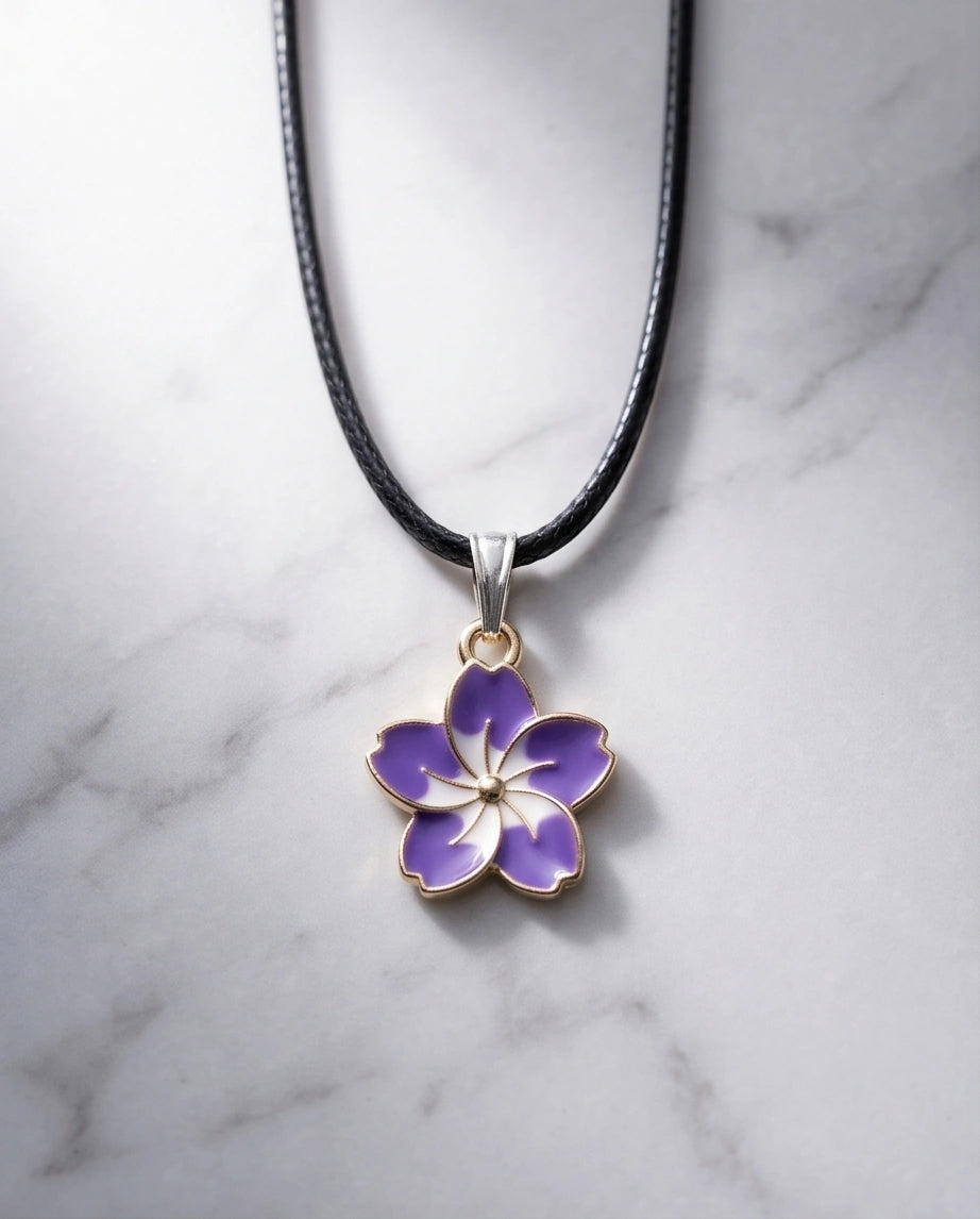 Elegant Purple and White Floral Enamel Pendant Necklace