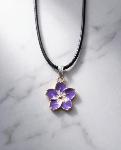 Elegant Purple and White Floral Enamel Pendant Necklace