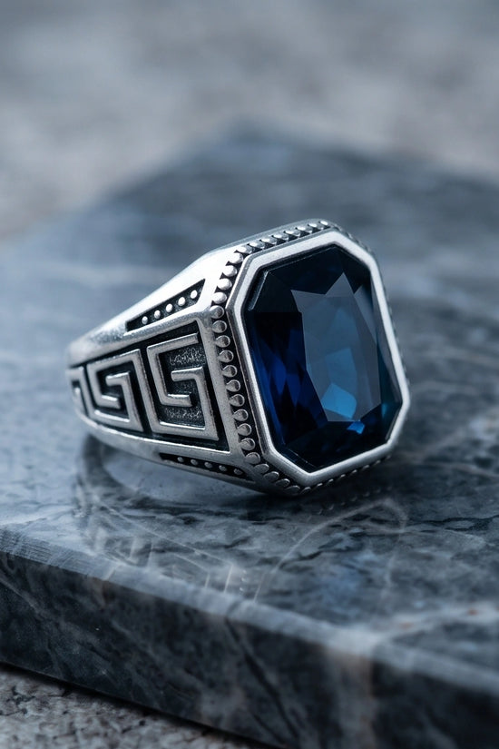 Vintage Greek Key Deep Blue Gemstone Ring