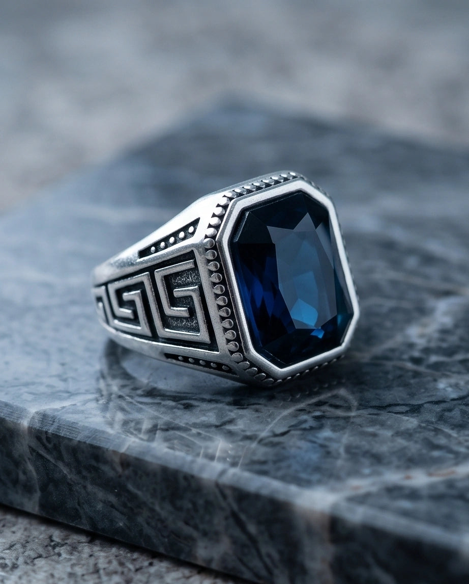 Vintage Greek Key Deep Blue Gemstone Ring