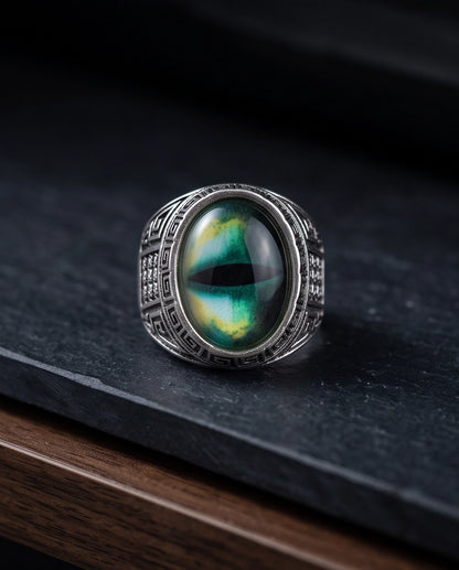 Emerald Green Slit-Pupil Dragon-Eye Greek Key Silver Ring