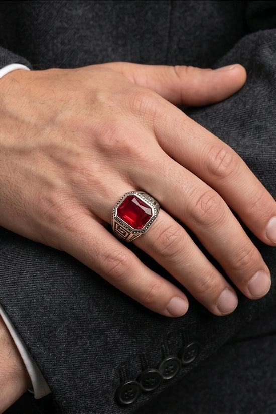 Vintage Greek Key Ruby Red Gemstone Ring