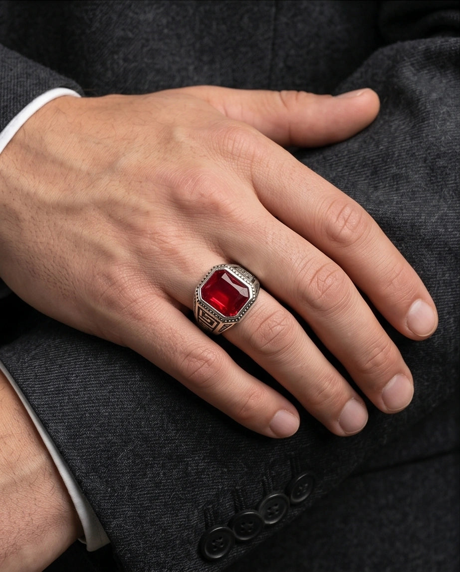 Vintage Greek Key Ruby Red Gemstone Ring
