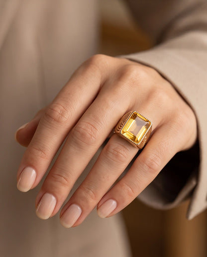 Citrine Emerald-Cut Beaded Signet Ring