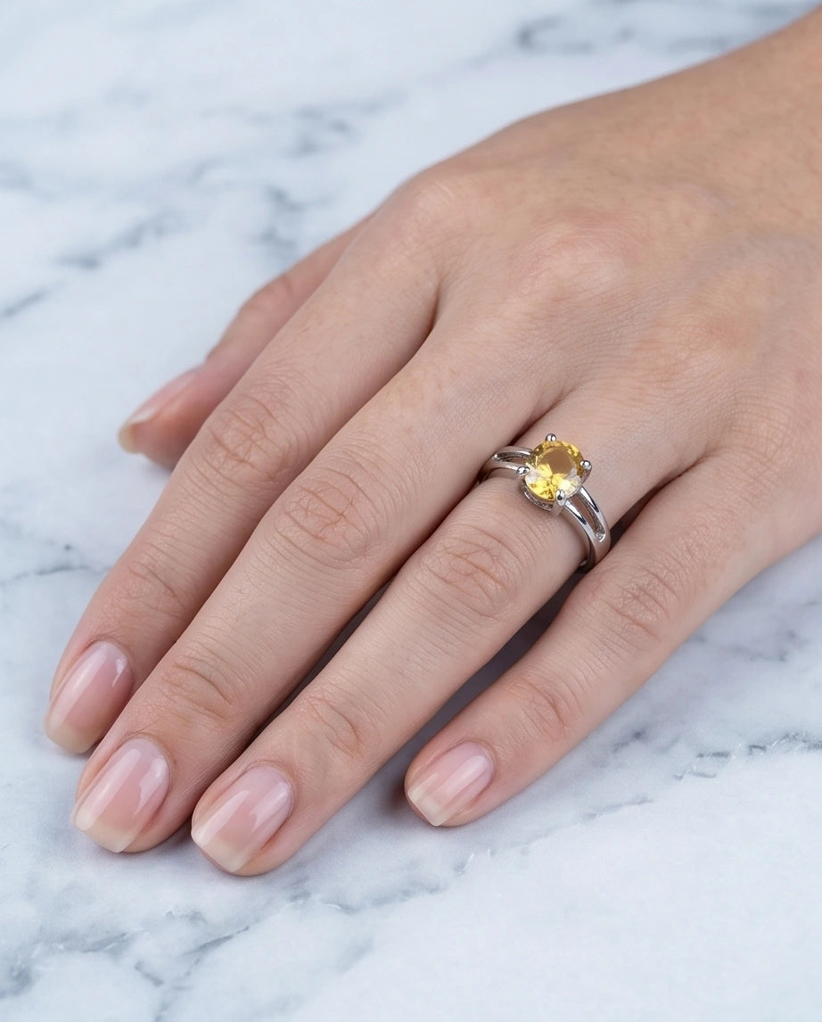 Sterling Silver Oval-Cut Split Shank Yellow Citrine Ring