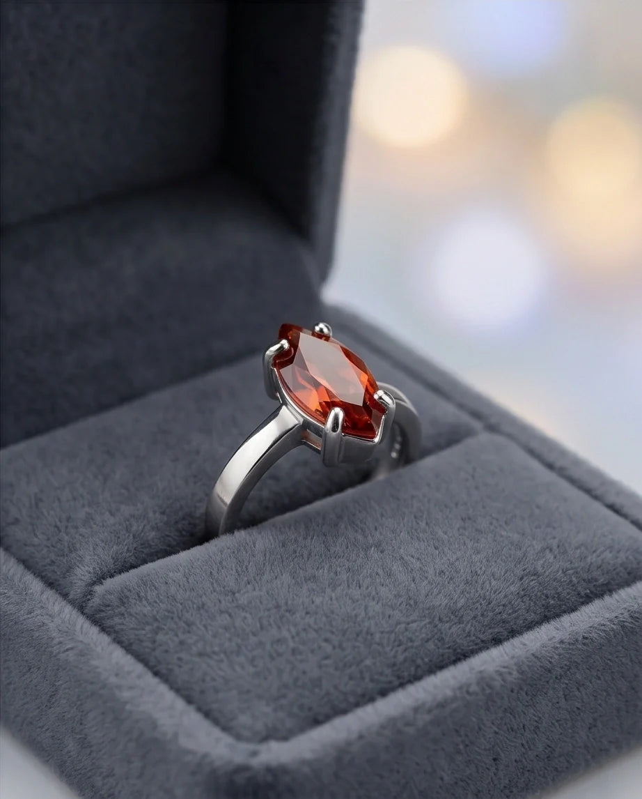 Sterling Silver Marquise-Cut Amber Carnelian Solitaire Ring