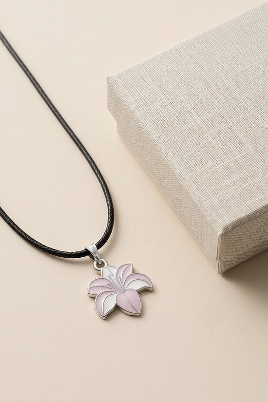 Elegant Pastel Pink and White Lily Enamel Pendant Necklace
